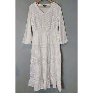 NAOO Cotton White Crochet Lace Tiered Flowy Boho Cottage Maxi Dress Sz M Resort